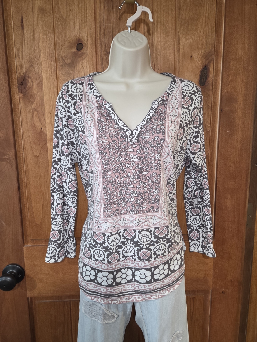 Lucky Brand Pink and Gray Printed V-Neck Tunic